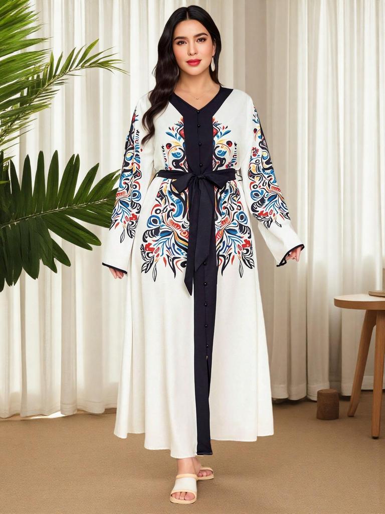 Middle East Ethnic Style Printed Bow V-neck Plus Size Maxi Dress