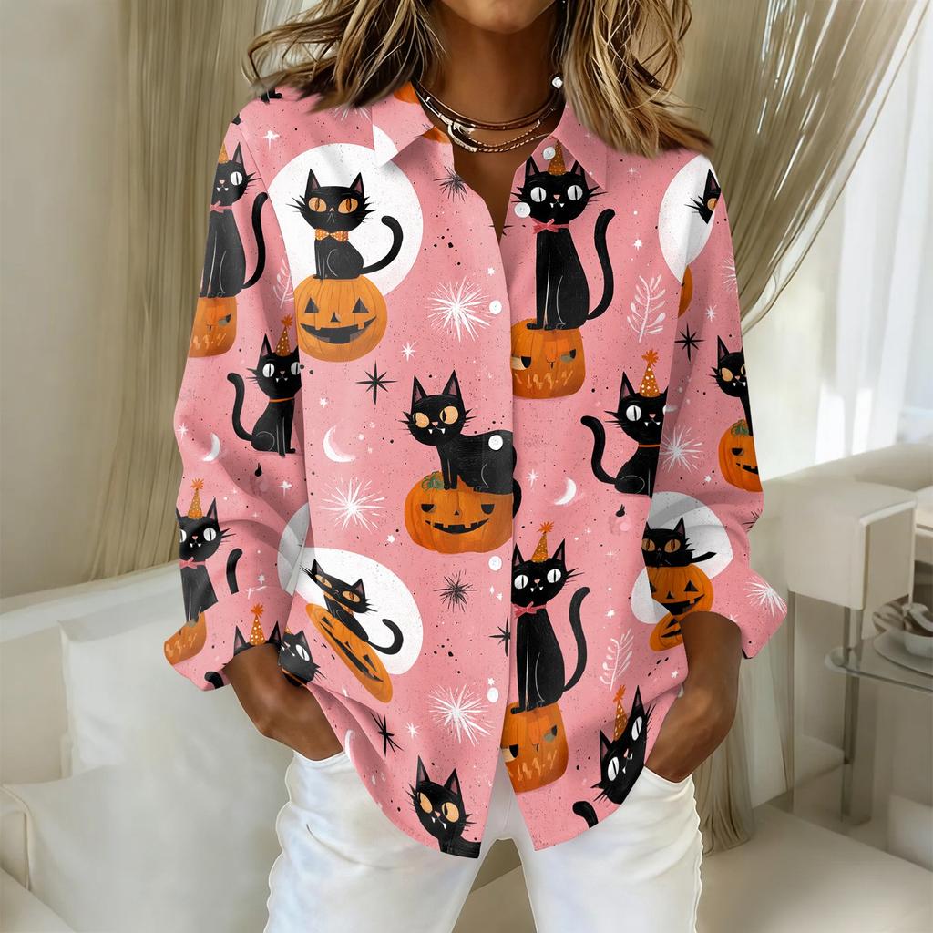 Women Button Down Shirt Halloween Pumpkin Print Turn Down Collar Long Sleeve Casual Fit Blouse Top for Daily Wear