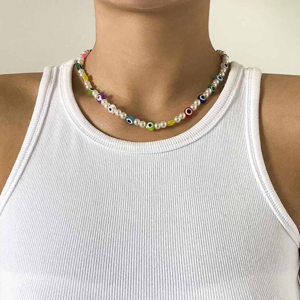Personalized Eye Mix And Match Color Single-Layer Necklace, Creative Geometric Imitation Pearl Necklace For Women