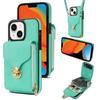 For iPhone 15 Card Slot Phone Case PU Leather Coated TPU Zipper Pocket Kickstand Cover with Shoulder Strap