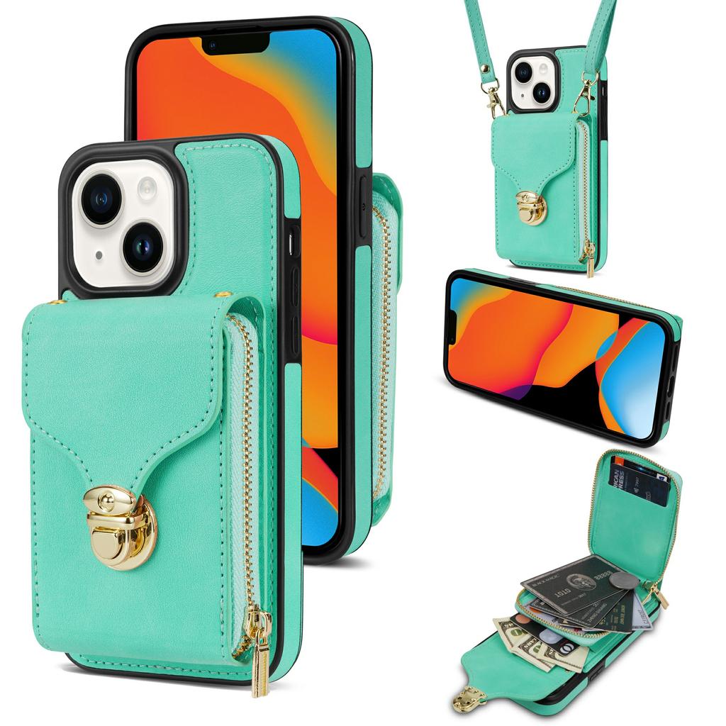 For iPhone 15 Card Slot Phone Case PU Leather Coated TPU Zipper Pocket Kickstand Cover with Shoulder Strap