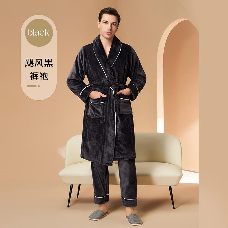 Herbst Winter Warmes 2-teiliges Schlafanzug-Set für Paare Herren Verdickter Korallenfleece Bademantel V-Ausschnitt zum Schnüren Robe mit Taschen