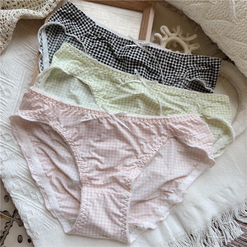 Women Cute Cartoon Ice Silk Screen Flower Sweet Plaid Polka Dots Flanged Low-rise Women's Panties