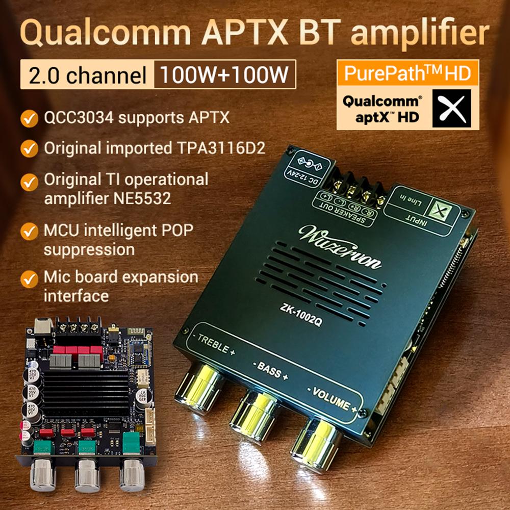 2 X 100W ABZZ-ZK-1002Q QCC3034+ TPA3116 Digital Amplifier Board Bluetooth 2.0 Channel APTX Audio Amp Module Electronic Kit
