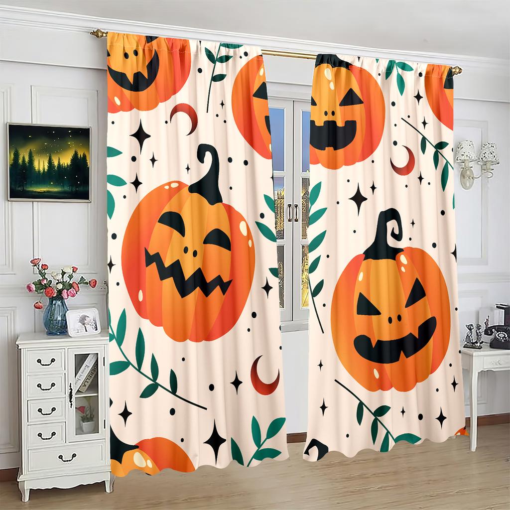 Spooky Halloween Print Curtains 2-Piece Polyester Set for Bedroom Living Room Study Gothic Holiday Window Decor