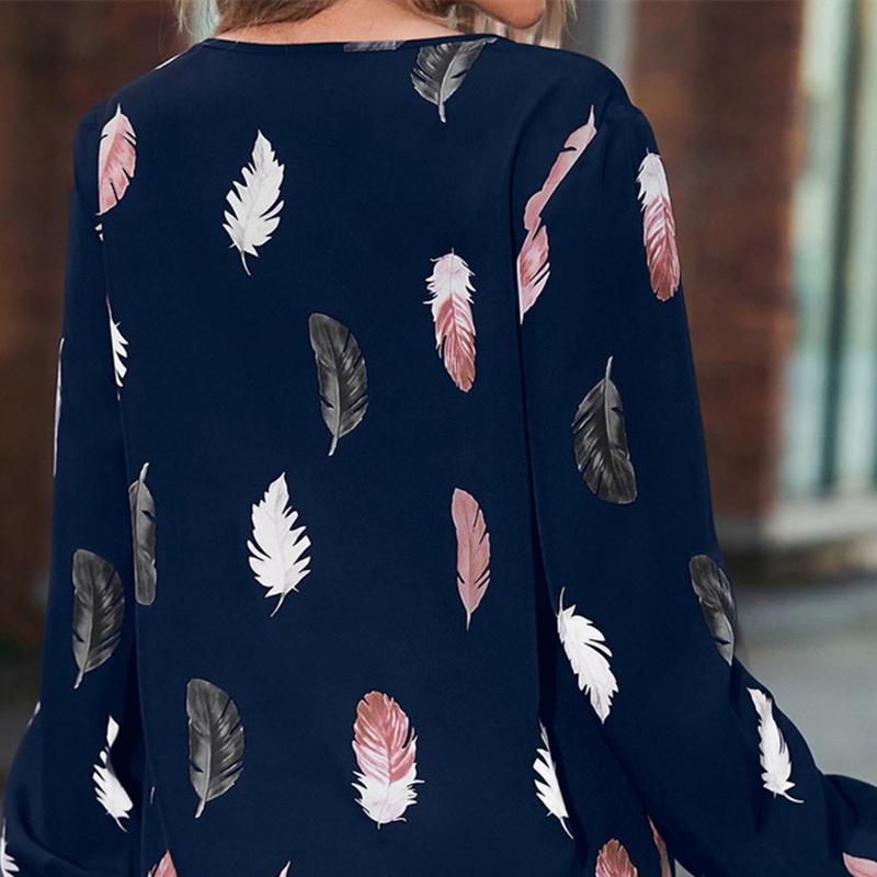 YYFS Women's Fashion Casual Fall Winter Feather Print Long Sleeve V-Neck Blouses & Shirts