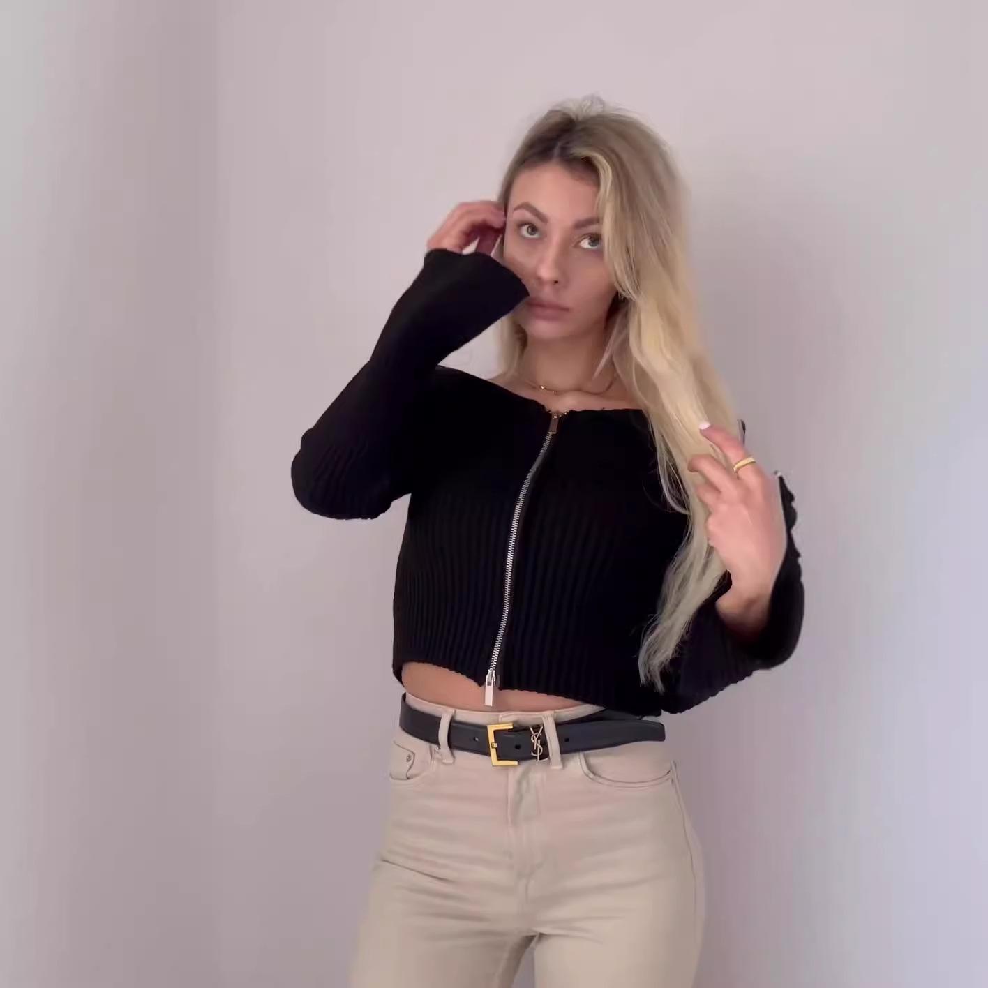 

Вязаный свитер с открытыми плечами на молнии с отложным воротником для женщин, осень 2024 чёрный