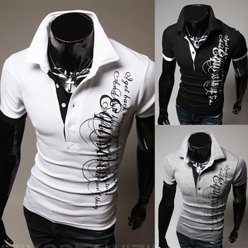 Elegant Men's Fashion Lapel Short Sleeve Blouse Casual Letters Print T-shirt