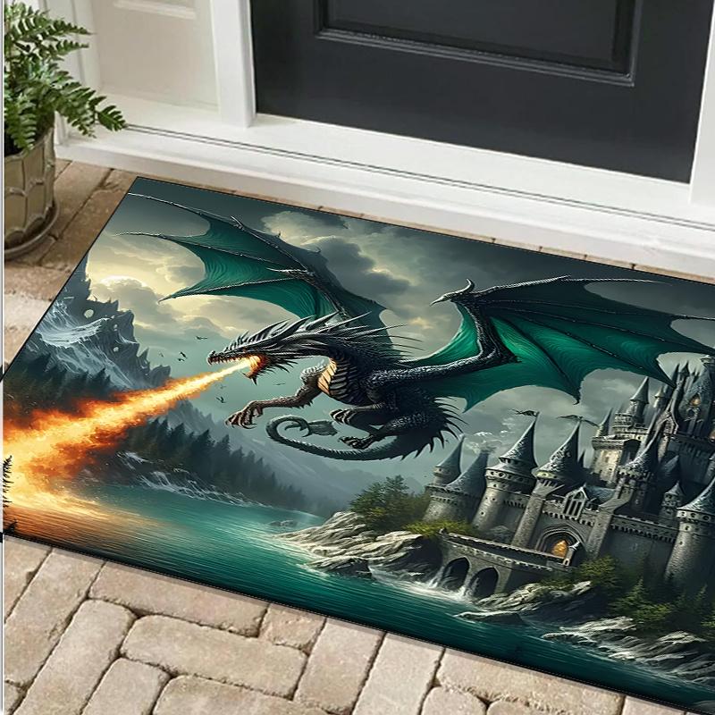 Majestic Dragon Castle Rug for Fantasy Fans | Detailed Medieval Landscape Carpet with Gothic Architecture Skid resistant carpet