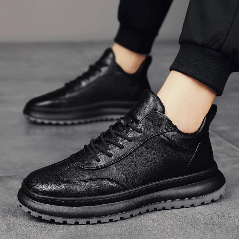 Fashion Leather Casual Design Shoes Men Flats Platform Shoe Soft Sole Sports Sneakers Man Comfortable Lace Up Black Footwear 20024