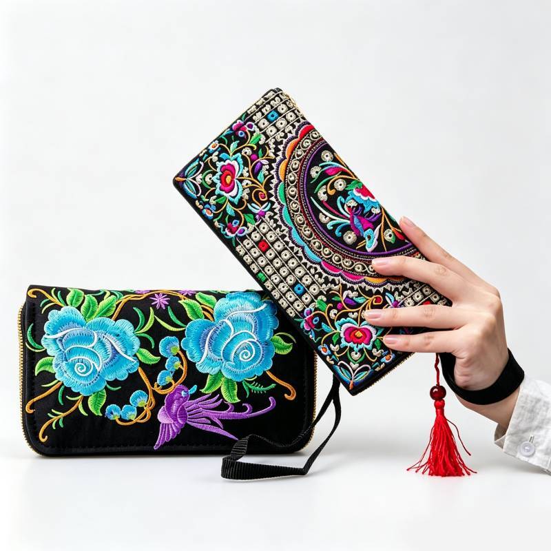 Ethnic Embroidered Purse With Zipper Closure For Women Mini Phone Wallet Organizer