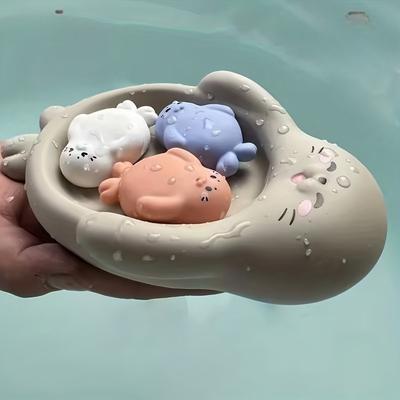 4-Piece Set of Non-porous Design Bathroom Toys, Cute Seal and Hippo Shaped Bathtub Toy Set, Floating Bathtub Toys, Bathroom Games