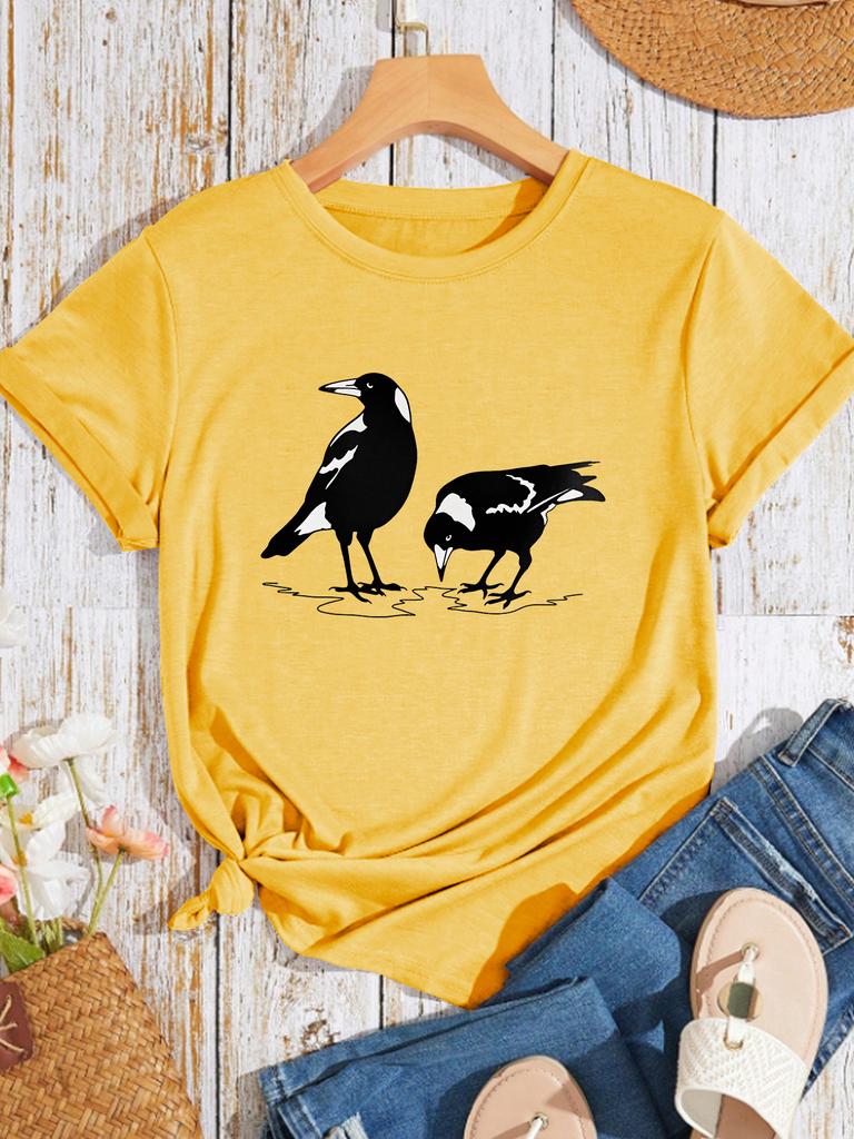 Simple And Cute Tshirt With Australian Magpie Silhouette Print Round Neck Daily Casual Womens Top Soft Round Neck Tshirt