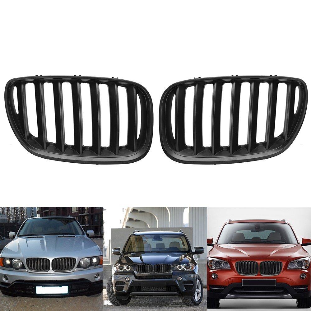 1Pair Car Front Hood Bumper Kidney Grille Grill Single Line Chrome Black For BMW X5 E53 2004 2005 2006 51137113733 51137113734