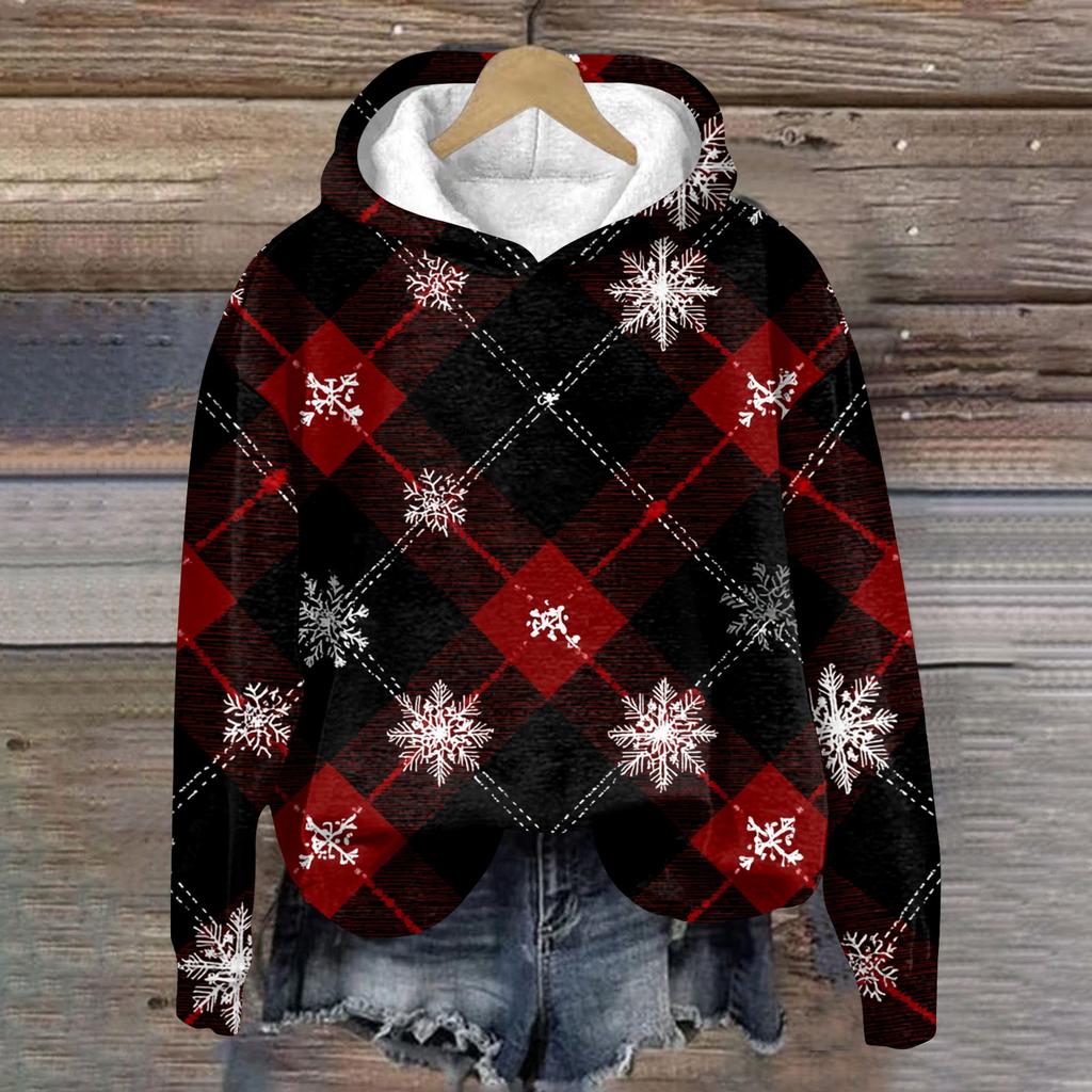Damenmode Langarm Weihnachtsprint Lockerer Kapuzenpullover Top