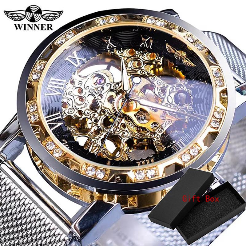 Winner Casual Mechanical Watches For Men Golden Roman Fashion Stainless Steel Belt Mesh Strap Wristwatch Clock Relogio Masculino