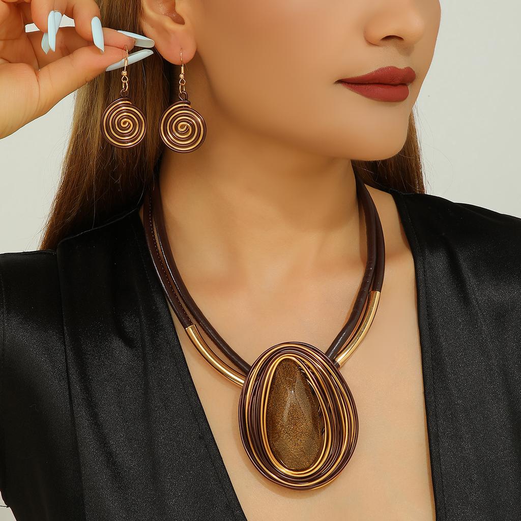 New Design Jewelry Set Fashion Water Drop Resin Gems Aluminum Wire Handmade Braided Necklace Earrings Women's Party Accessories