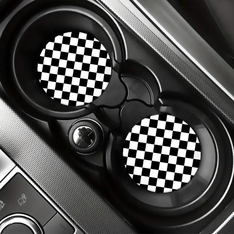 Set of 2 High-Quality EVA Black And White Checkered Car Coasters - Non-Slip Cup Mats Designed to Keep Cup Holders Clean