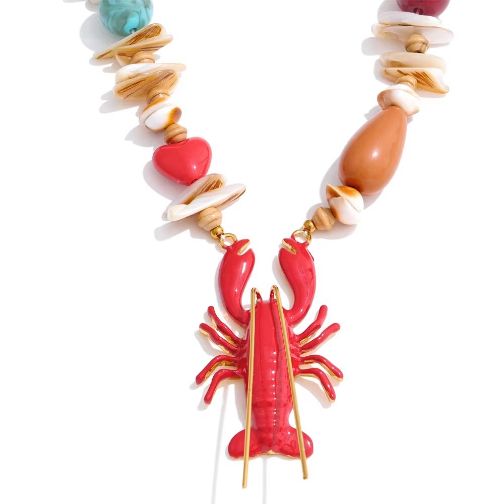 

Yhpup 2025 New Handmade Ocean Style Shell Resin Stone Red Crab Pendant Necklace Summer Beads Statement Charm Jewelry
