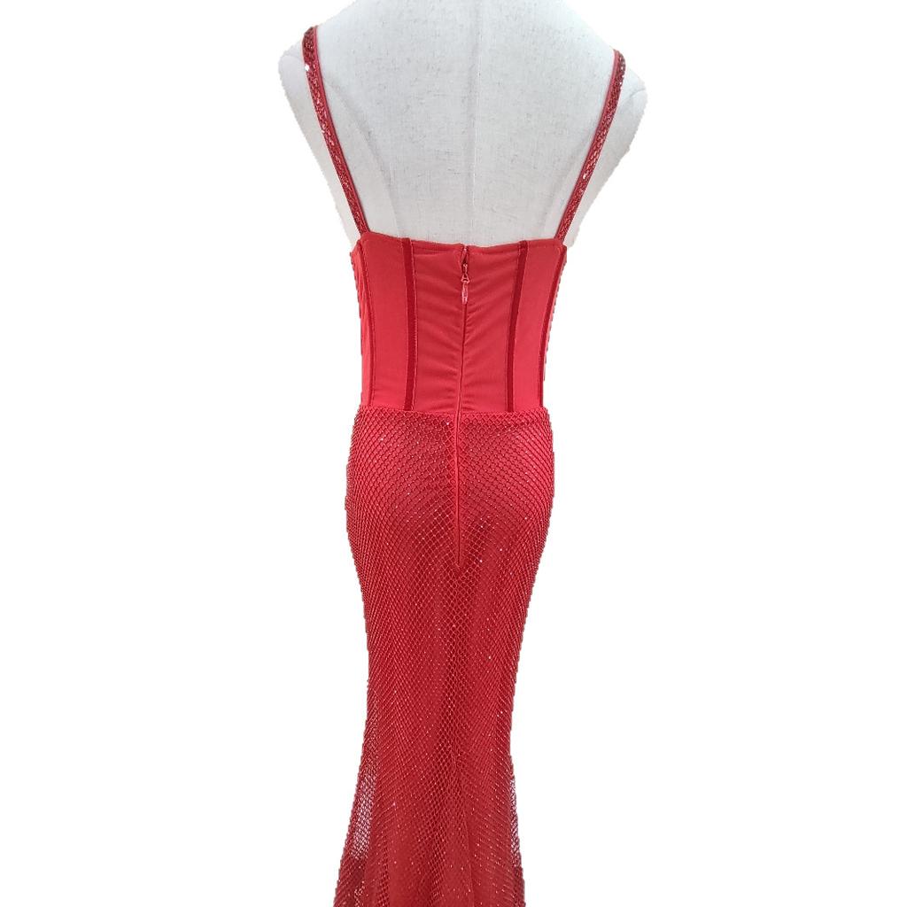 European and American hot diamond sexy V-neck hot diamond sling hip wrap slim and thin fishtail dinner party annual meeting dress