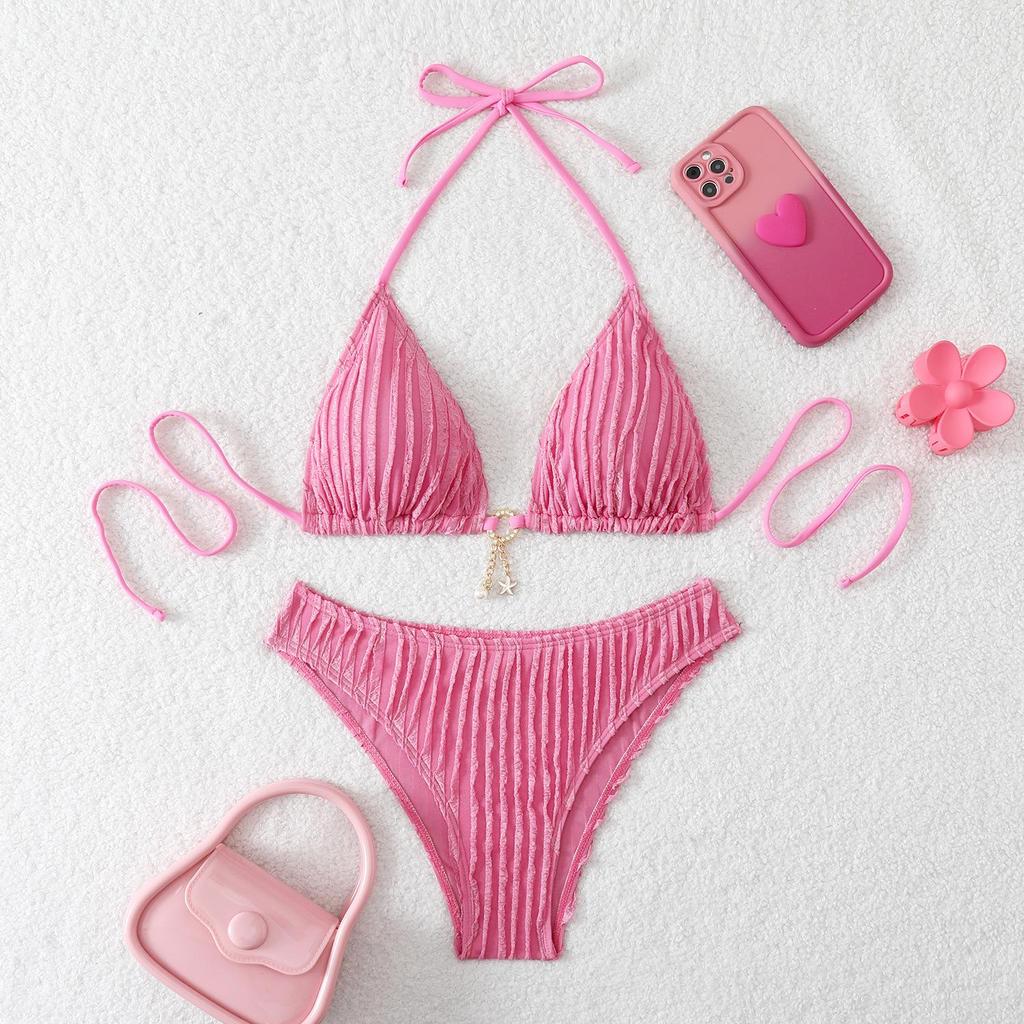 European and American Women's Sexy Backless Strappy Bikini Swimsuit - Solid Color, Hot Spring Wear
