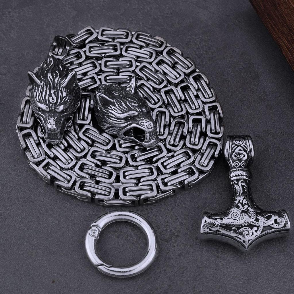 New High Quality Halloween Men's Viking Wolf Head Necklace Hammer Pendant Fashion Trend Necklace