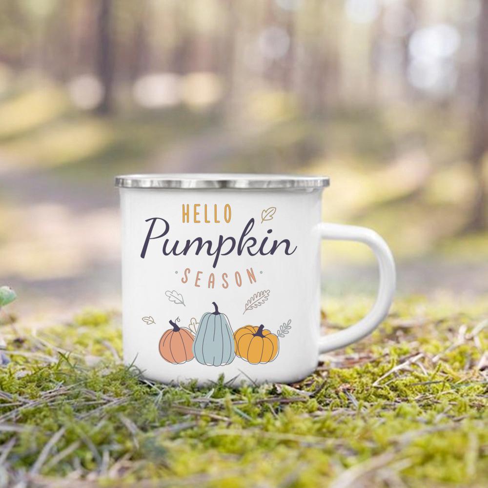 Hello Pumpkin Enamel Mug Halloween Camping Mug Gift For Grandma Mum Nana Autumn Home Decor Hygge Gift Fall Coffee Mug