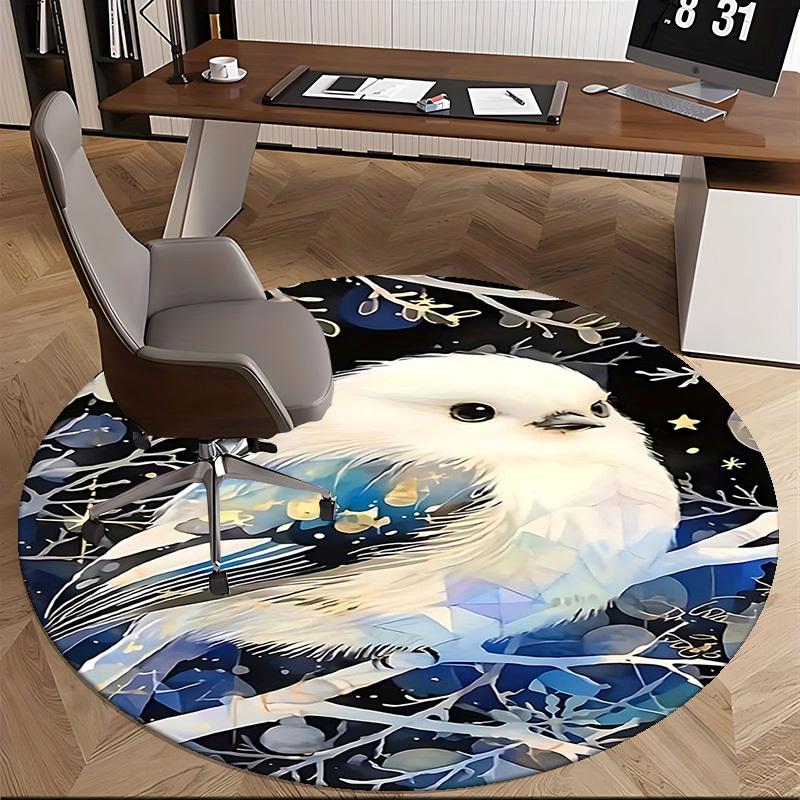 1pc Anime Design Winter White Bird Round Carpet Office Chair Mat, Non Slip Rug for Home Decor, Gift, Office, Living Room, Bedroom