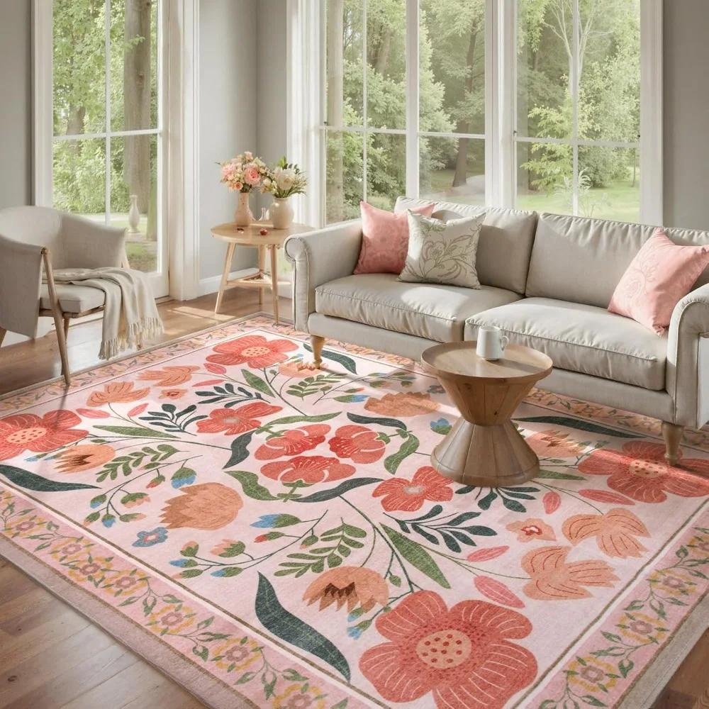 Soft Boho Floral Pattern Carpets for Home Decor Bedroom Area Rugs Kitchen Dinning Coffee Table Non-slip Mat Low Pile Carpet