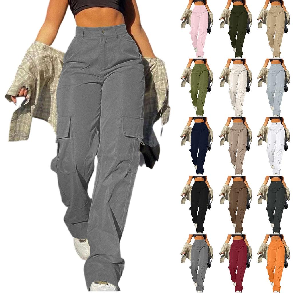 Women's Casual Lightweight Hiking Pants High Waist Beltless Straight Leg Loose 4 Pockets  Cargo Pants