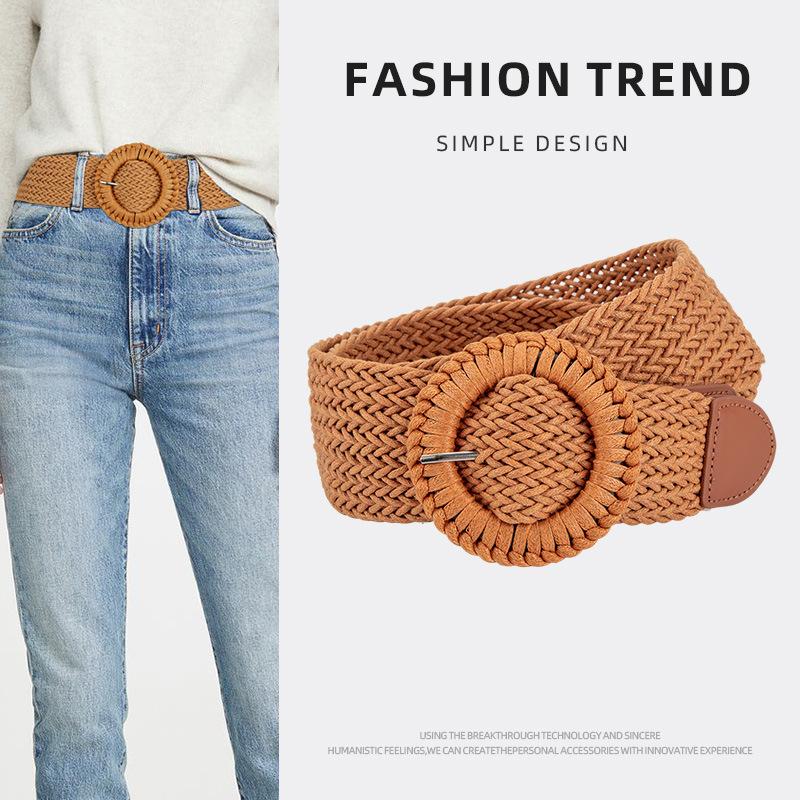 Women's Braided European and American Style Punch-free Belt Women's Alloy Round Buckle with Dress Waist Seal Waist Belt