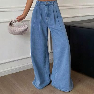2026 Womens Retro Streetwear Wide Leg Denim Pants High Waist Loose Fit Cotton Blend Jeans