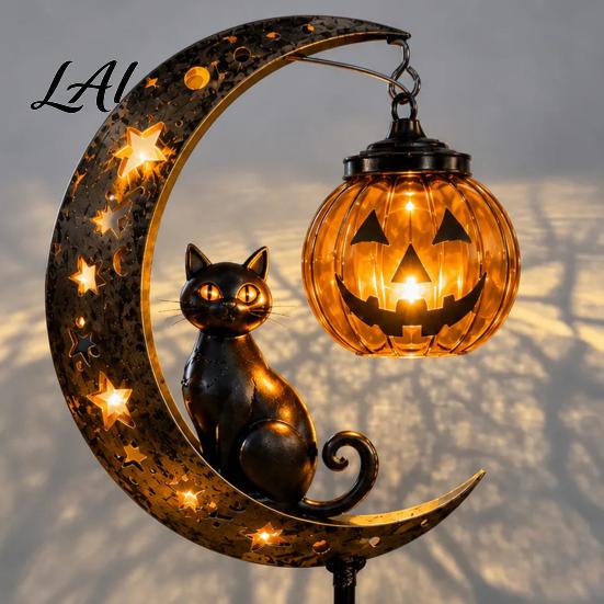 Warm Atmosphere Lights for Fall Parties Solar Halloween Black Cat & Pumpkin Moon Garden Stake Light Waterproof on Decorative Stakes Candy Nights