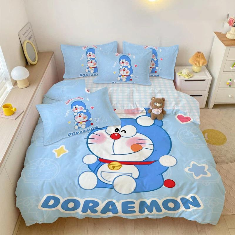 Housse de couette taie d'oreiller Doraemon imprimée en 3D Ensemble de literie chat machine mignon pour enfants adultes Tailles simple double grande 135X200CM-2PCS