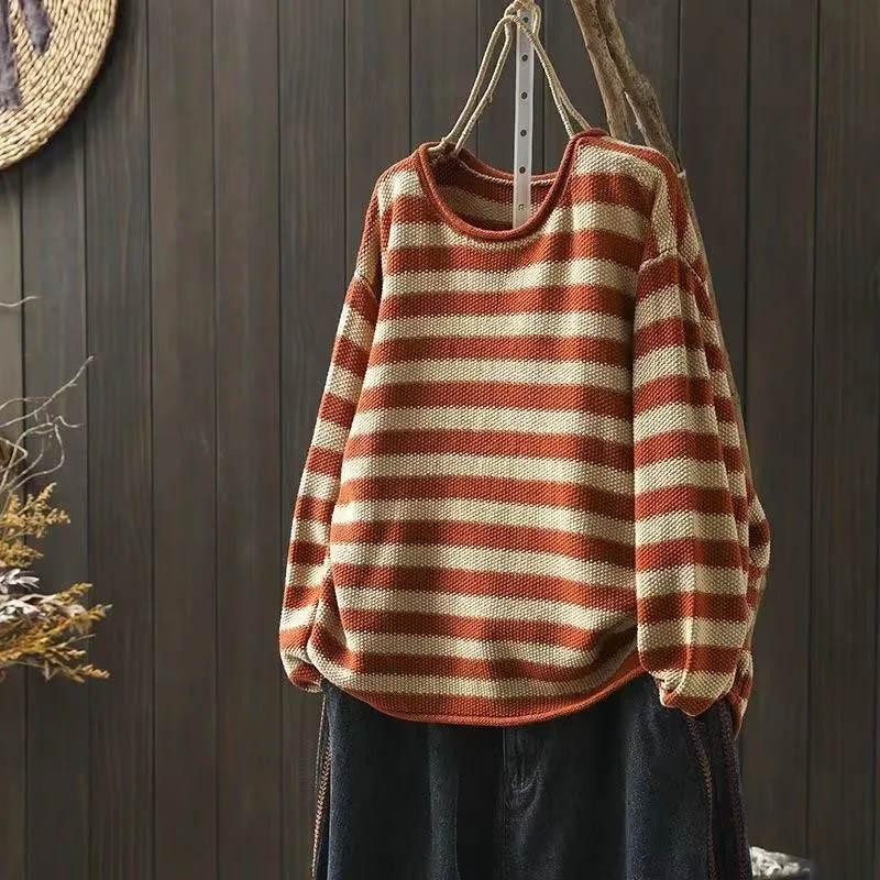 Sweatshirt for Women Cotton Oversize Stripe Loose Round Neck Casual Pullover Long Sleeve Top Sweatshirt