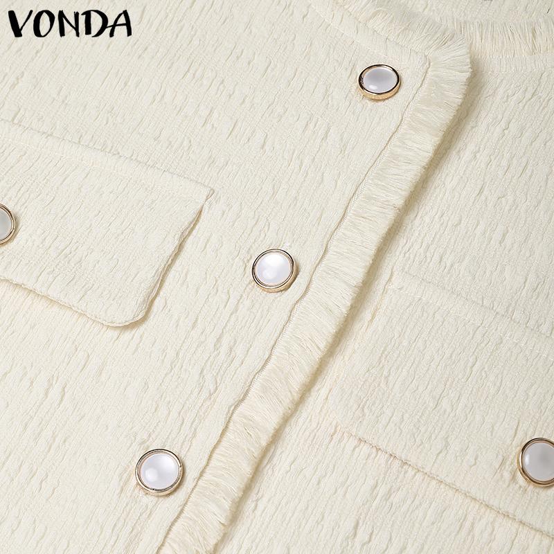 VONDA Elegant Women Short Sleeve Furry Hem Buttons Down Texture Casual Blouse