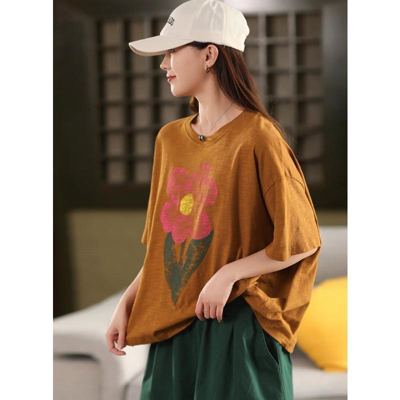 DIMANAF 2025 Summer Cotton T-shirt Women Flower Printing Short Sleeve Loose Green Blue T-shirt