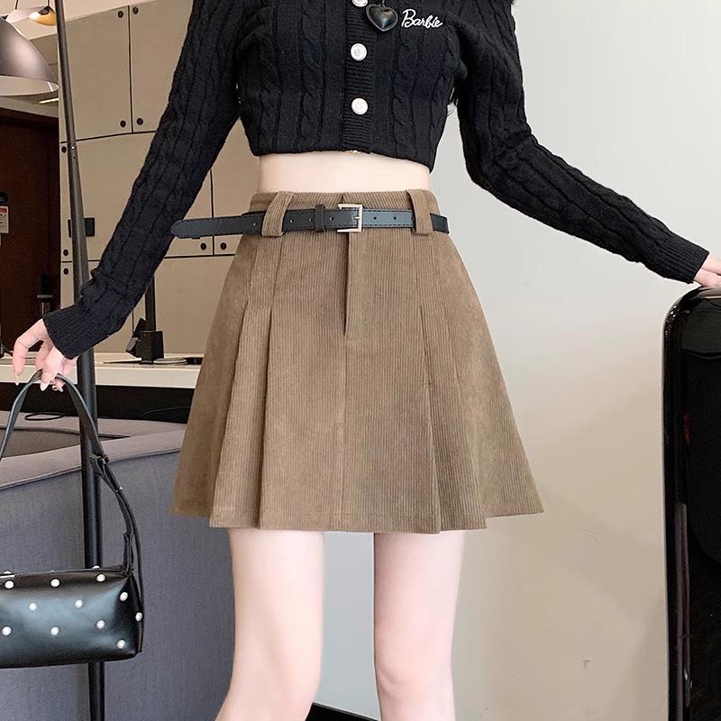 Women's High Waist Khaki Corduroy A-Line Mini Skirt - Petite Slimming Pleated Design for Autumn/Winter 2024