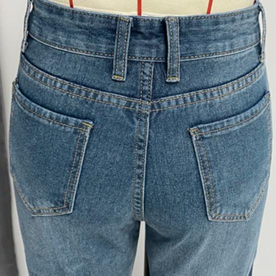 Damen Jeans mit Taschen Hohe Taille Zerrissen Einfarbig Hose in voller Länge