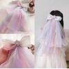Elsa Princess Iridescent Bow & Veil Hair Clip - Multilayer Rainbow Mesh for Kids