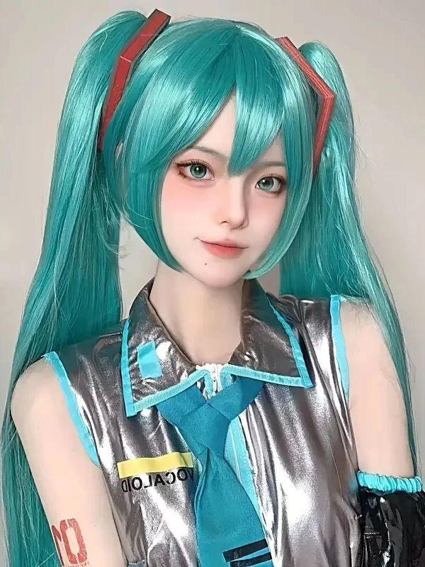 Turquoise Blauwe Cosplay Pruik Lang Recht Met Pony Dubbele Paardenstaart Hittebestendig Synthetische Pruik Voor Vrouwen 42inches&1pc blue