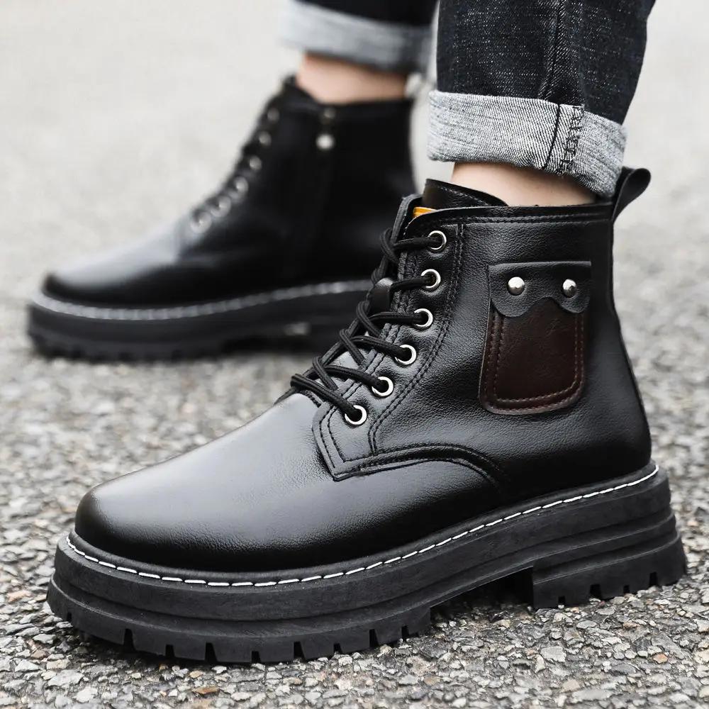 Men's High Top Winter Warm Lined Genuine Leather Cotton Boots Thick Sole Height Increasing English Workwear Anti Slip Snow Boots