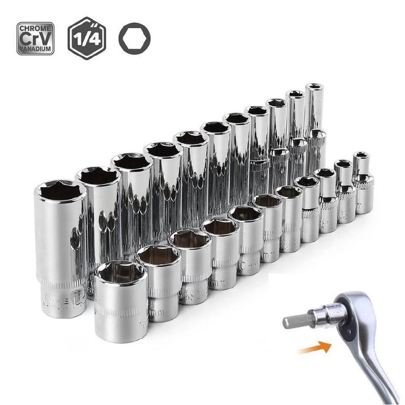 13pcs Short/11pcs Deep Hi-Spec 11pc 1/4  Socket Set Adapter Short Long Sockets 4-14mm Deep Socket Tool Heads Torque Spanner Ratchet Socket Wrench