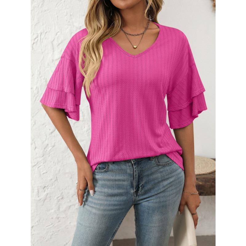 Women's Spring and Summer New Solid Color V-neck Lotus Leaf Sleeve Short-sleeved T-shirt Tops for Women