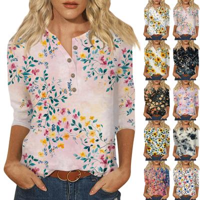 Women's Loose Casual Seven Quarter Sleeve Floral Print Round Neck Button Up Top Top
