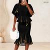 Women Plus Size Two Piece Set Round Neck Batwing Sleeve Printed Ruffle Hem Top Fishtail Skirt Dark Green Black
