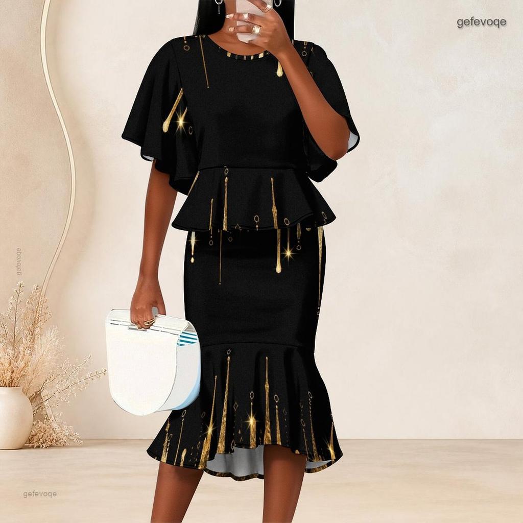 Women Plus Size Two Piece Set Round Neck Batwing Sleeve Printed Ruffle Hem Top Fishtail Skirt Dark Green Black