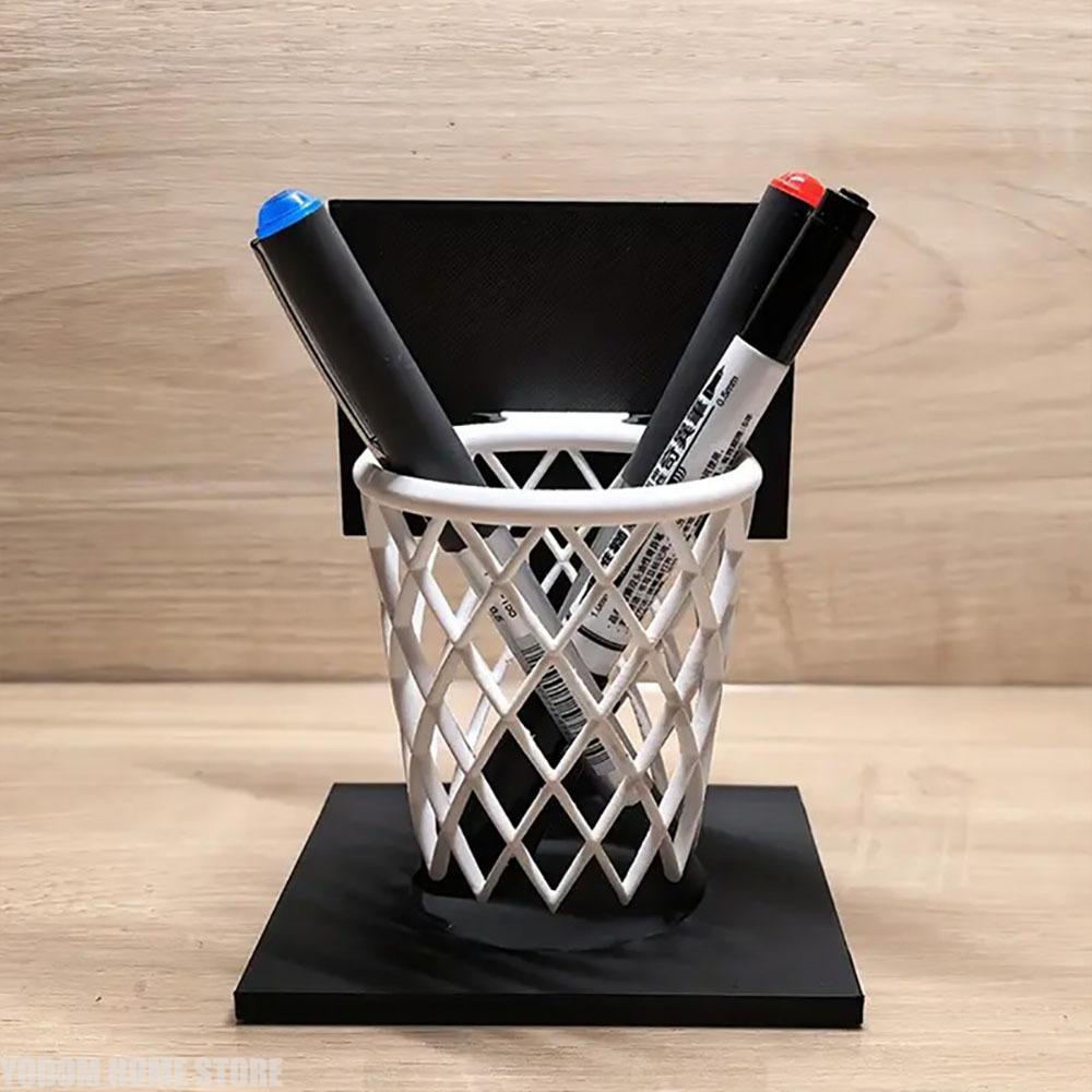 Basketball Hoop Pen Holder 3D Printed - Creative Desktop Organizer with Black Base and White Mesh Design Space-Saving