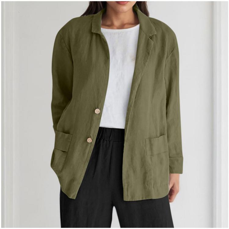 Casual Loose Long Sleeved Jacket Women Solid Color Button Pocket Fashionable
