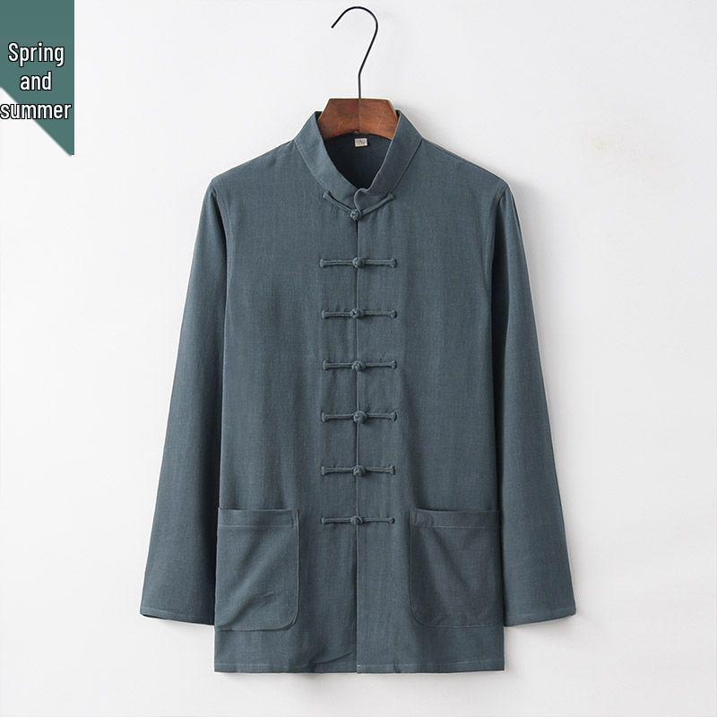 Men's Bamboo Cotton & Linen Retro Tang Suit Shirt for Spring/Summer - Long-Sleeved Kung Fu Tai Chi Tea Service